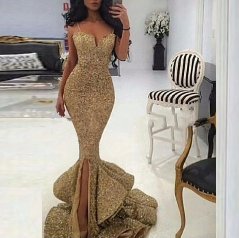 Женское длинное вечернее платье-русалка золотистое платье с блестками на