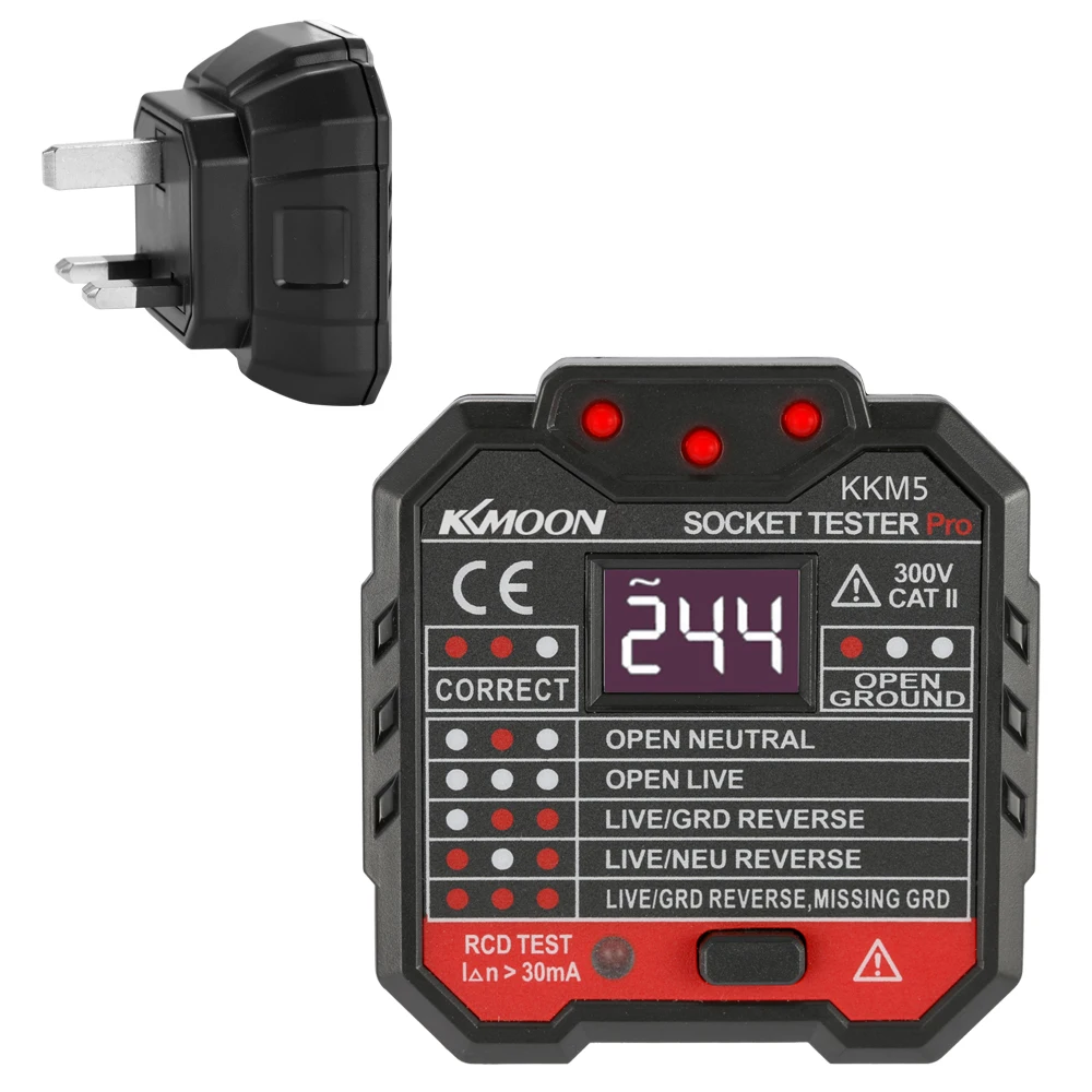 KKmoon KKM5 Digital Display Socket Detector Circuit Polarity Voltage Tester Wall Plug Breaker Finder RCD Test EU/US/UK Plug
KKmoon KKM5 Digital Display Socket Detector Circuit Polarity Voltage Tester Wall Plug Breaker Finder RCD Test EU/US/UK Plug