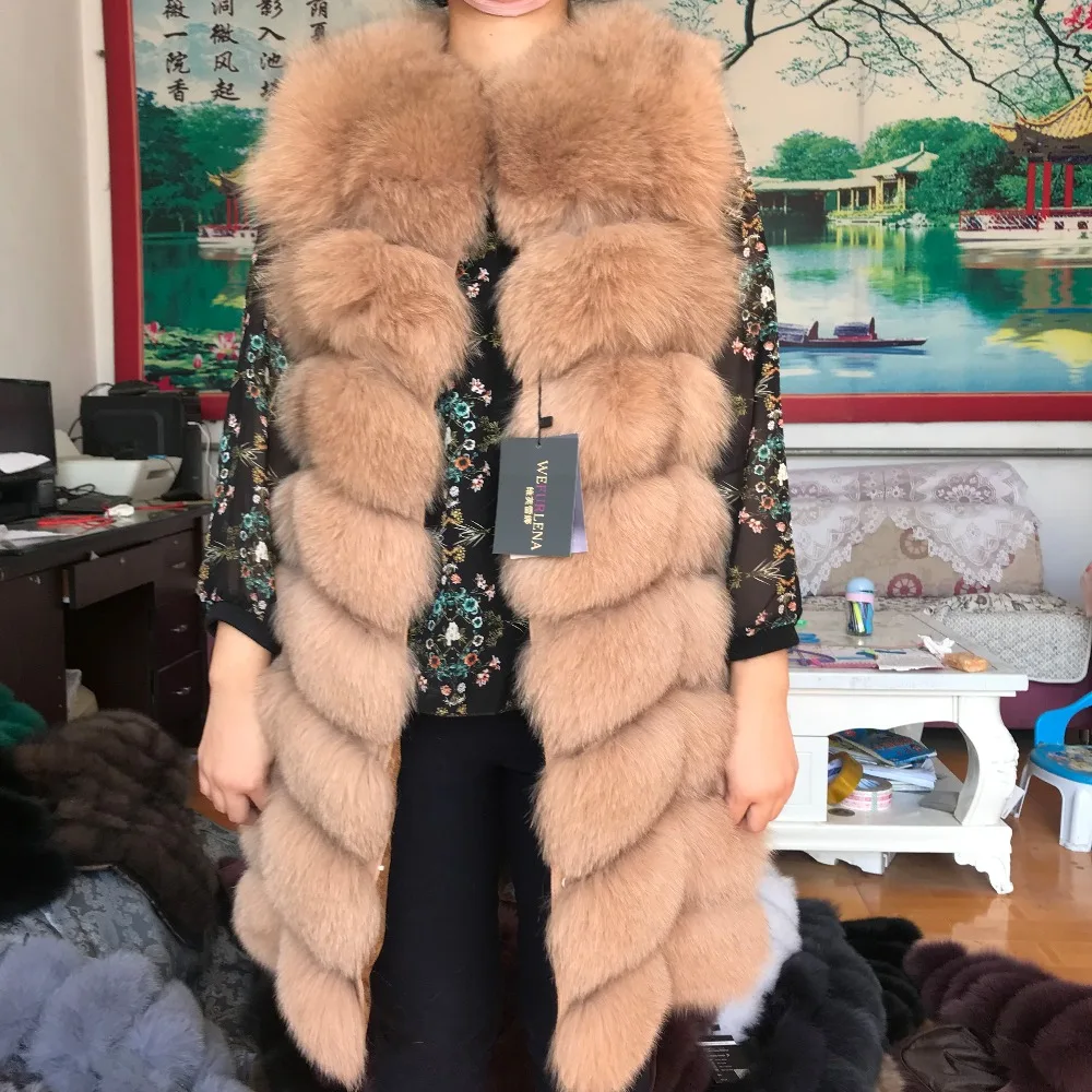 Фото Женский жилет без рукавов длинное пальто из лисьего меха 90 см - купить