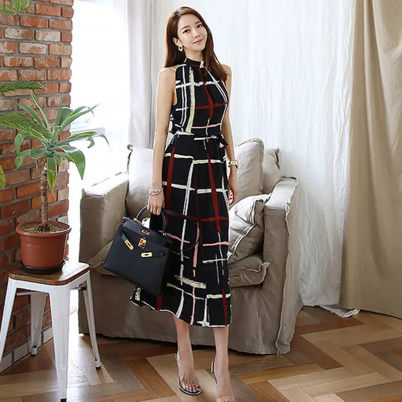 Korean Style Elegant Halter A-line Dress Women 2019 Summer Bow Bandage Plaid Dresses Stand Collar Slim Bow Vestidos
Korean Style Elegant Halter A-line Dress Women 2019 Summer Bow Bandage Plaid Dresses Stand Collar Slim Bow Vestidos