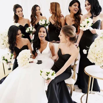 Bridesmaid Dress Mermaid Floor Length Satin Strapless Women Elegant Black Long Sweetheart Wedding Party Guests Gowns 
Bridesmaid Dress Mermaid Floor Length Satin Strapless Women Elegant Black Long Sweetheart Wedding Party Guests Gowns
