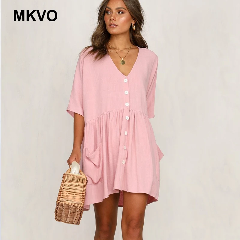 Spring women's V-neck button pocket dress casual loose half cotton summer ladies pink beach mini party dress sukienki damskie
Spring women's V-neck button pocket dress casual loose half cotton summer ladies pink beach mini party dress sukienki damskie