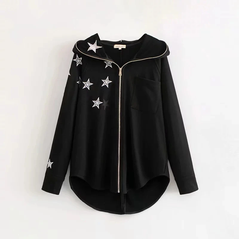 2018 Autumn Women Cute Silver Star Black Hooded Jacket Long Sleeve Zipper Pocket Female Fashion Hot Streetwear Coat Clothe
2018 Autumn Women Cute Silver Star Black Hooded Jacket Long Sleeve Zipper Pocket Female Fashion Hot Streetwear Coat Clothe