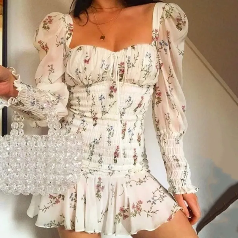 

PFFLOOK Boho Inspired Floral Print Summer Dress Square Neckline Tied Front Slim Sexy Mini Dress Women Ruffles Hem 2019 Vestidos