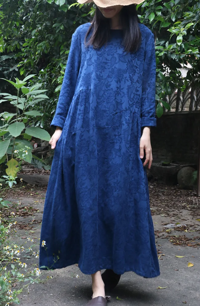 Spring New Vintage Flower Jacquard Ruched Long Sleeve Women Cotton Linen Dress, Autumn Blue Elegant Ladies Loose Classical Robe
Spring New Vintage Flower Jacquard Ruched Long Sleeve Women Cotton Linen Dress, Autumn Blue Elegant Ladies Loose Classical Robe