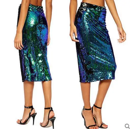 Image new malachite green Bodycon Bandage Gold Sequin Skirt Sexy Petite Tight Skirts for Women Ladies Juniors medium long AW055