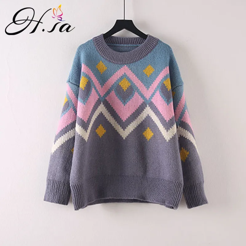 H.SA 2018 Women Winter Sweater and Pullovers Vintage Geomertric Pull Jumpers Argyle Sweet Loose Sweater Oneck Top Chic Pull
H.SA 2018 Women Winter Sweater and Pullovers Vintage Geomertric Pull Jumpers Argyle Sweet Loose Sweater Oneck Top Chic Pull