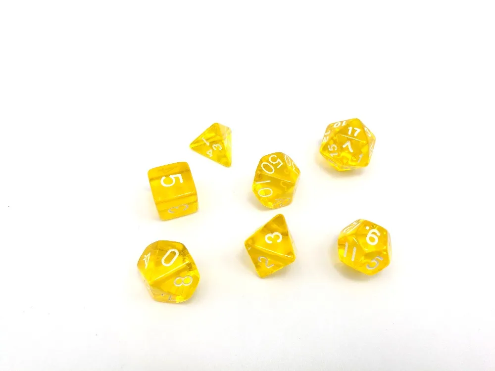 7pcs/set game dice D4 d6 d8 d10 d10% d12 d20 yellow color multi-sided transparent effect RPG dice playing game
7pcs/set game dice D4 d6 d8 d10 d10% d12 d20 yellow color multi-sided transparent effect RPG dice playing game