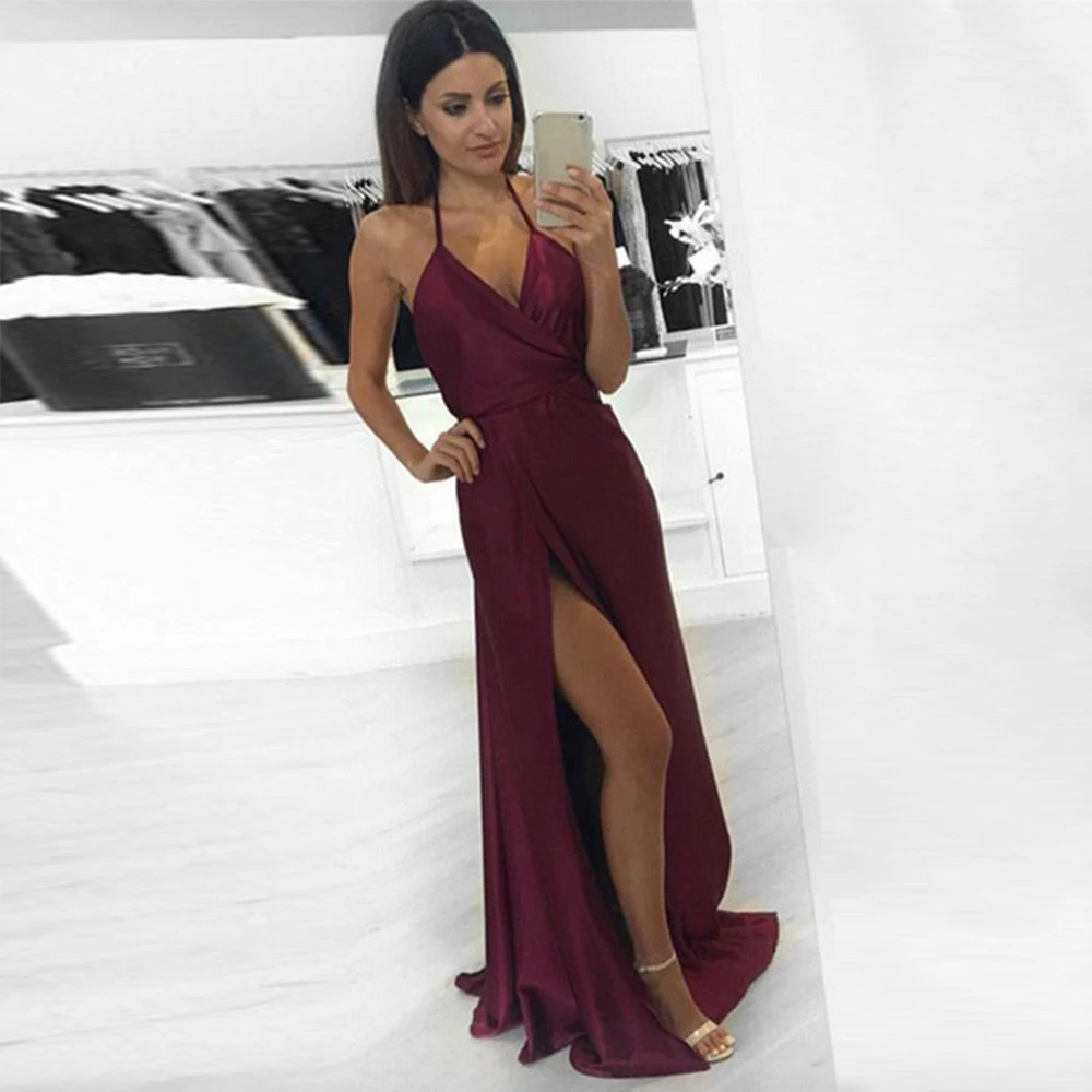 

Bbonlinedress Sexy Backless Prom Dress 2019 Halter Evening Dress Maroon Satin Evening Gown with Slit Vestido de fiesta