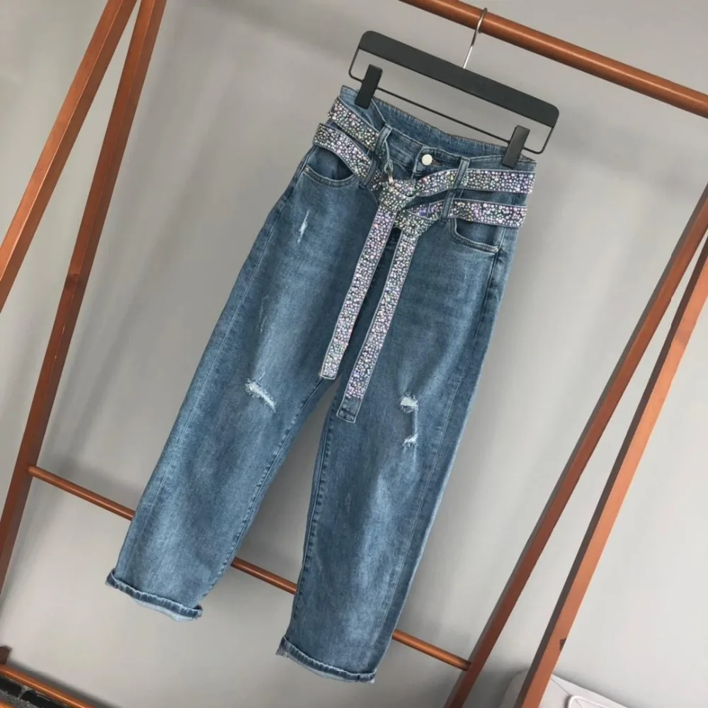 Heavy duty rhinestone double belt fashion hole jeans 2019 spring and summer new ladies pants 0314
Heavy duty rhinestone double belt fashion hole jeans 2019 spring and summer new ladies pants 0314