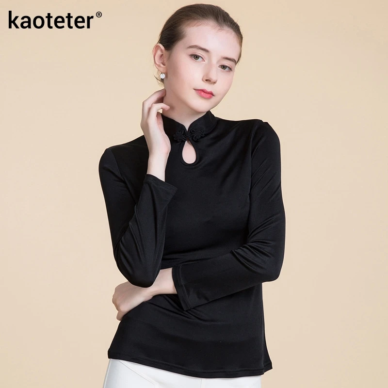 Pure Silk Women's Full Sleeve T-shirts Mandarin Collar Casual Tees Shirt Women Tops Solid Color Chinese Style Female T-shirt
Pure Silk Women's Full Sleeve T-shirts Mandarin Collar Casual Tees Shirt Women Tops Solid Color Chinese Style Female T-shirt