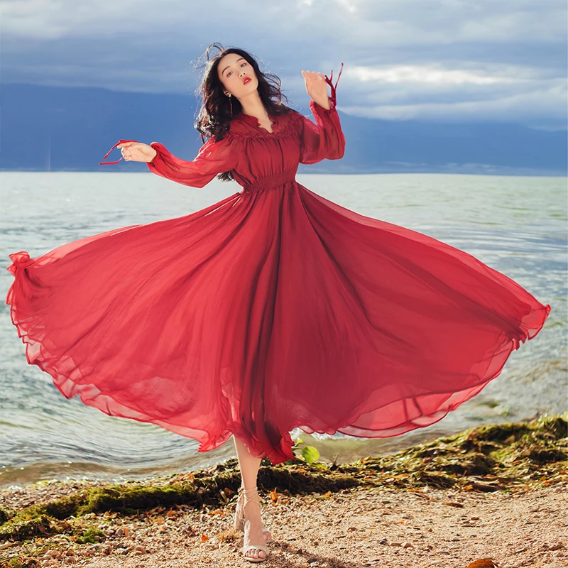 2019 Vintage Red Chiffon Boho Maxi Sundress Beach Summer Dresses Elegant Women Long Sleeve A-line Party Vestidos
2019 Vintage Red Chiffon Boho Maxi Sundress Beach Summer Dresses Elegant Women Long Sleeve A-line Party Vestidos