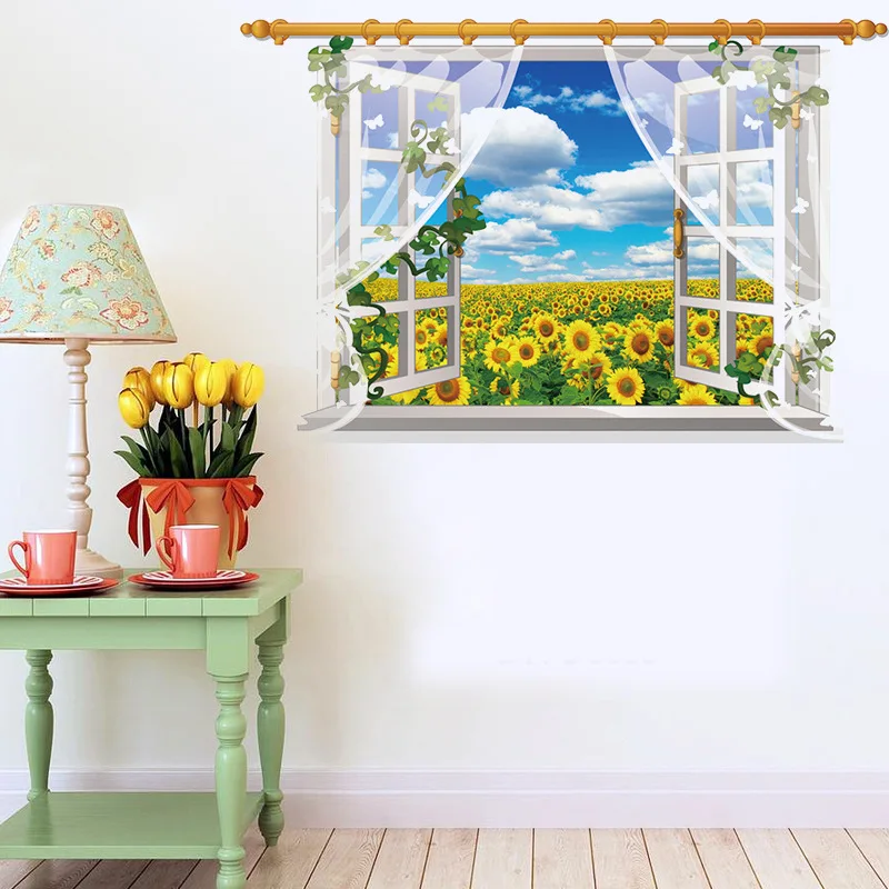 3D обои пейзаж Ложные окна цветы остров водопад Подсолнечник наклейки на стену