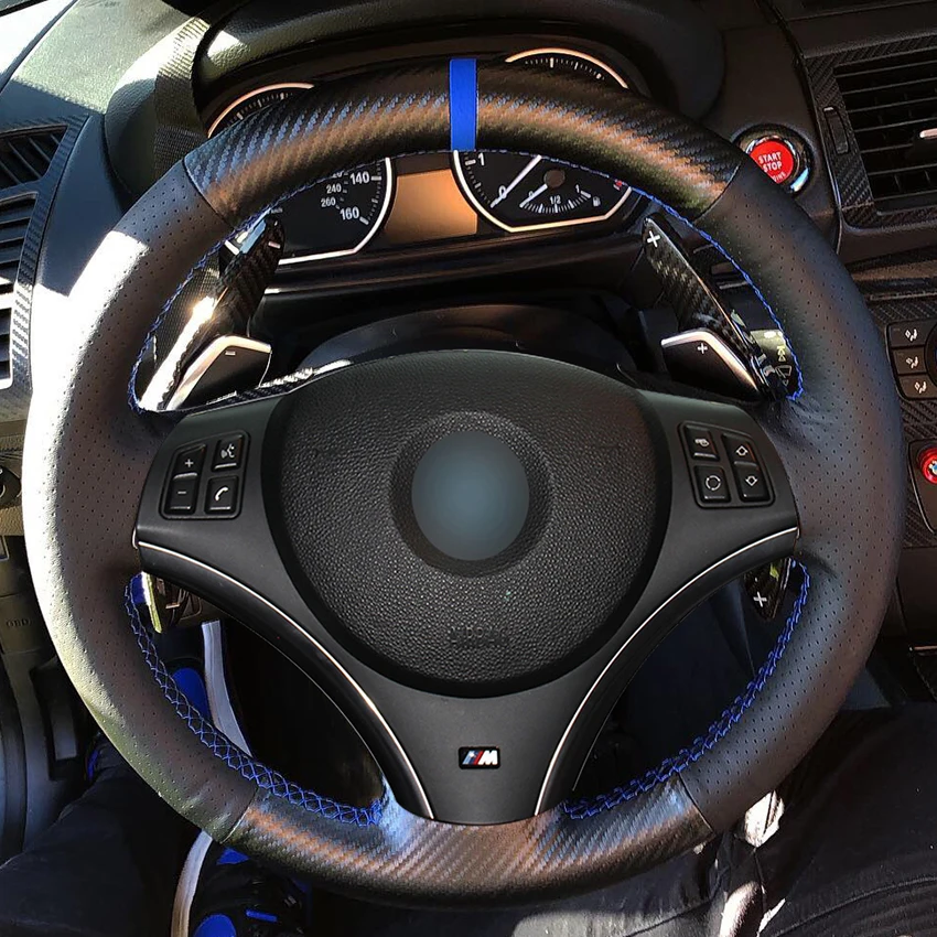 Carbon Fiber Leather Black Leather Blue Marker Car Steering Wheel Cover for BMW E90 325i 330i 335i E87 120i 130i 120d
Carbon Fiber Leather Black Leather Blue Marker Car Steering Wheel Cover for BMW E90 325i 330i 335i E87 120i 130i 120d