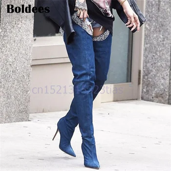 Sexy Blue Denim Boots Women Over The Knee Boots Point Toe Rhinestone Belt Decor Thigh High Boot Cowboy High Heel Boot
Sexy Blue Denim Boots Women Over The Knee Boots Point Toe Rhinestone Belt Decor Thigh High Boot Cowboy High Heel Boot