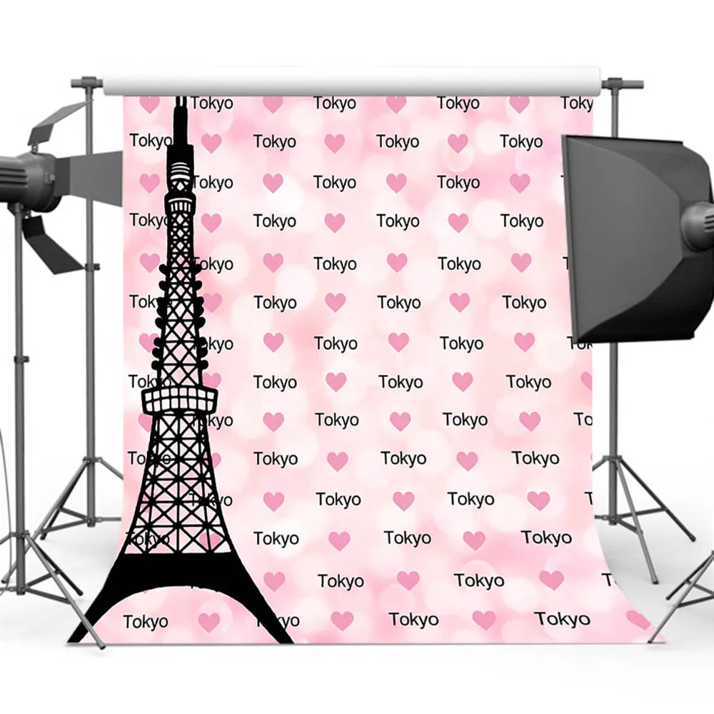 

Eiffel Tower Paris Pink Heart Repeat Bokeh backdrop Vinyl cloth High quality Computer print wedding backgrounds