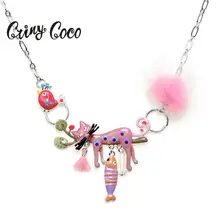 Cring Coco 新ファッションチョーカーネックレス襟ネックレスロマンチックな猫魚毛皮ポンポンシルバーチェーンペン(China)