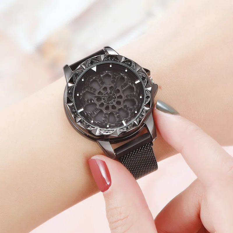 Новинка 2019 Топ бренд розовое золото 360 градусов вращения женские сетчатые часы с