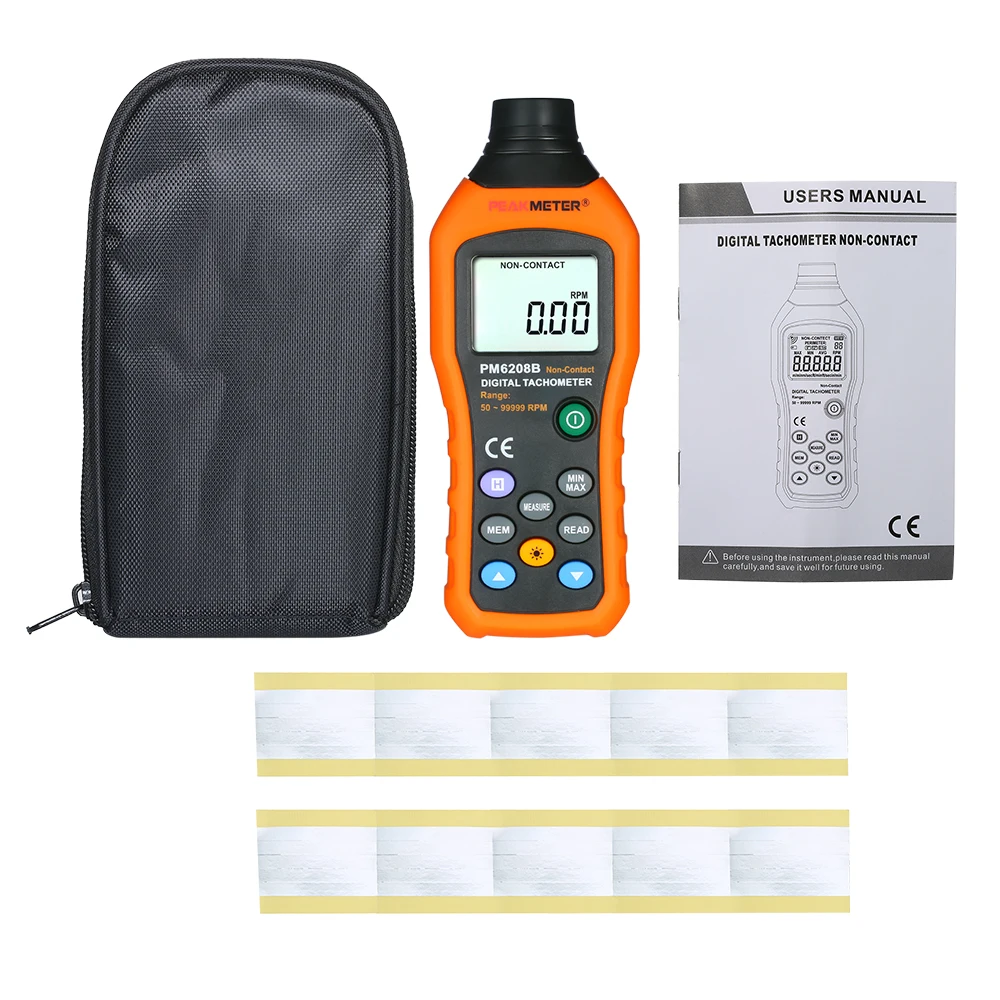 PM6208B Handheld Digital Tachometer Non-Contact Tach Range 50~99999RPM LCD Display Motor Speed Meter with Reflective Tape
PM6208B Handheld Digital Tachometer Non-Contact Tach Range 50~99999RPM LCD Display Motor Speed Meter with Reflective Tape
