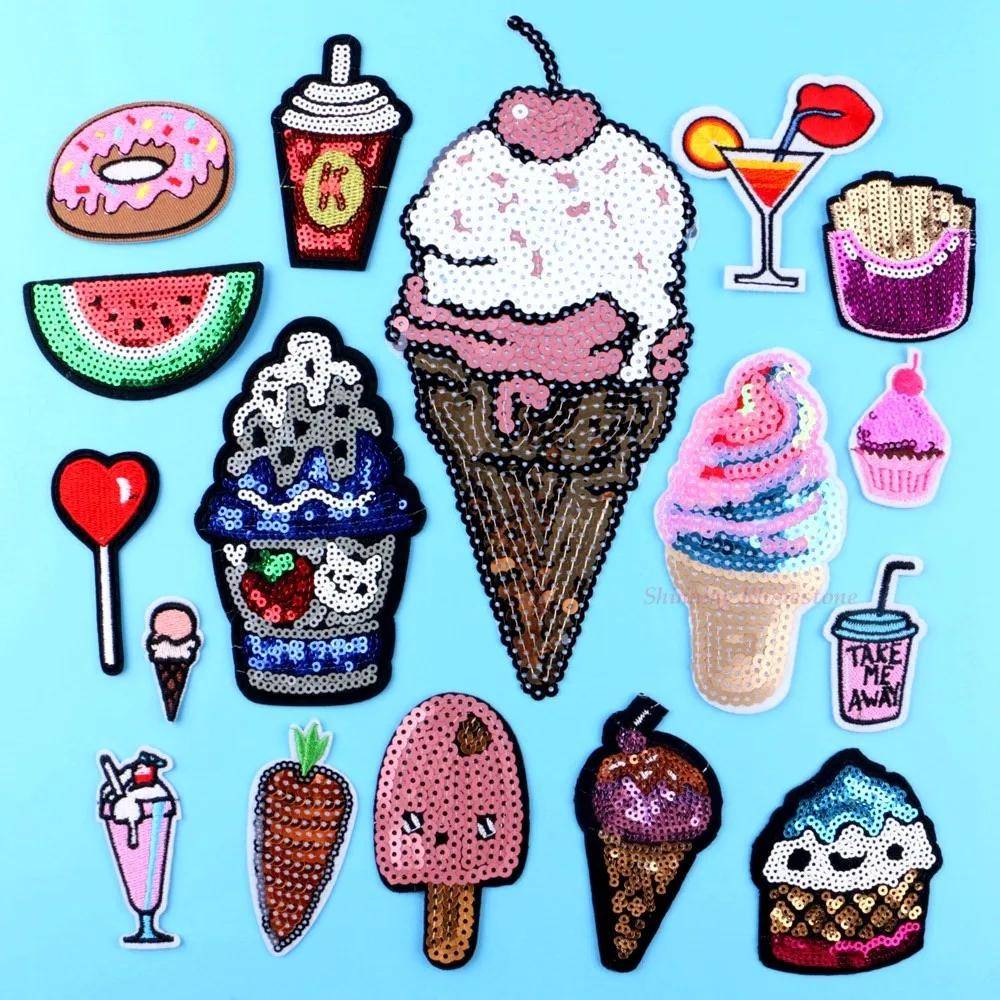 Food Drink Sequined Patches Ice Cream Embroidered Brand sticker Patch Children Summer Fruit Eat Watermelon Cake Lollipop Chips
Food Drink Sequined Patches Ice Cream Embroidered Brand sticker Patch Children Summer Fruit Eat Watermelon Cake Lollipop Chips