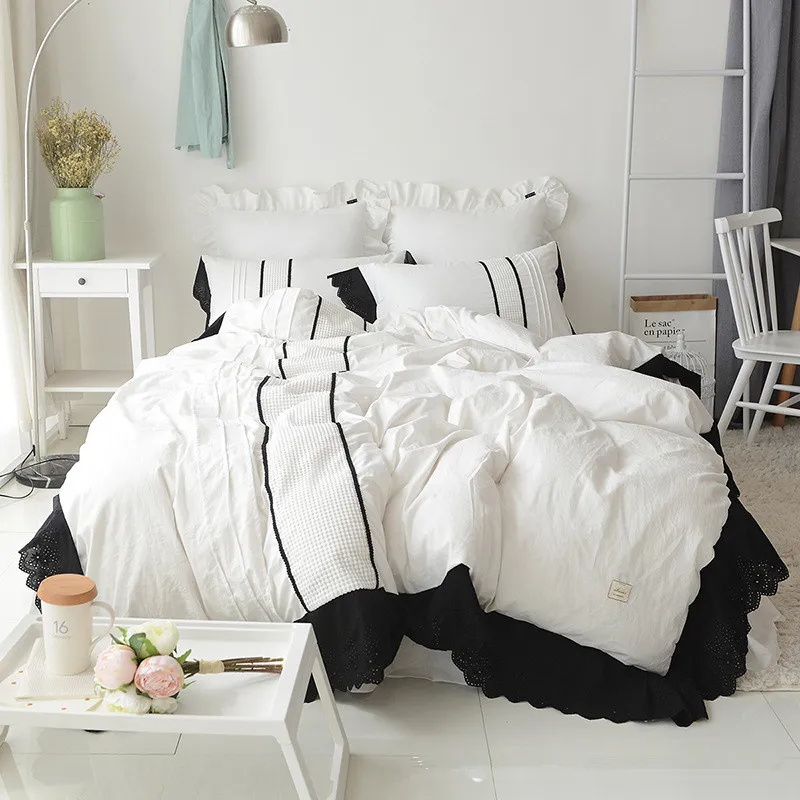 Ruffles bedding set 100% washed cotton duvet cover set 3/ 4pcs bedskirt prinecess linens black and white bed set Adult bed sheet
Ruffles bedding set 100% washed cotton duvet cover set 3/ 4pcs bedskirt prinecess linens black and white bed set Adult bed sheet