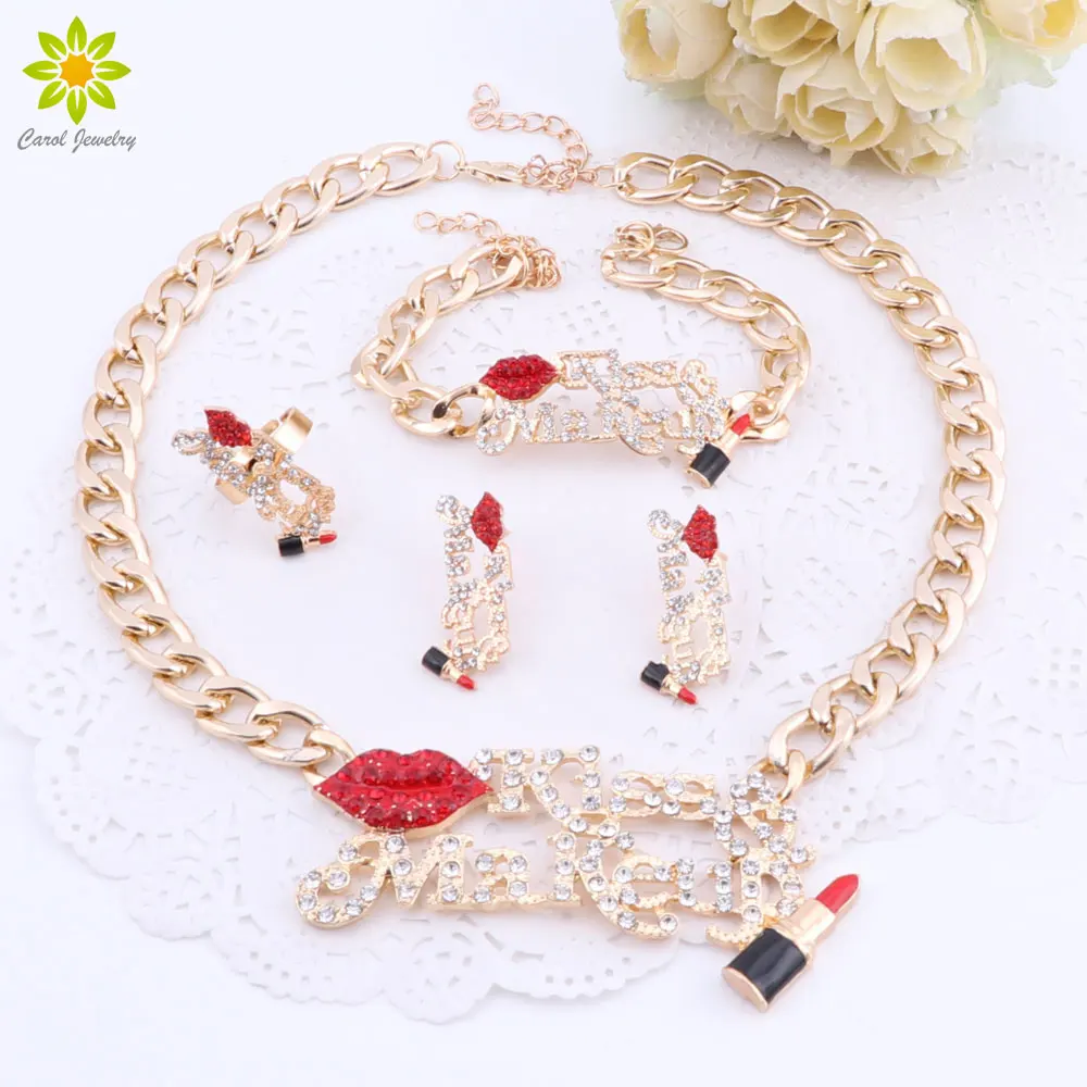 Bridal Jewelry Sets Red Sexy Lip And Enameled Lipstick Kiss Make Up Women Gold Color Necklace Earring Bracelet Ring Set
Bridal Jewelry Sets Red Sexy Lip And Enameled Lipstick Kiss Make Up Women Gold Color Necklace Earring Bracelet Ring Set