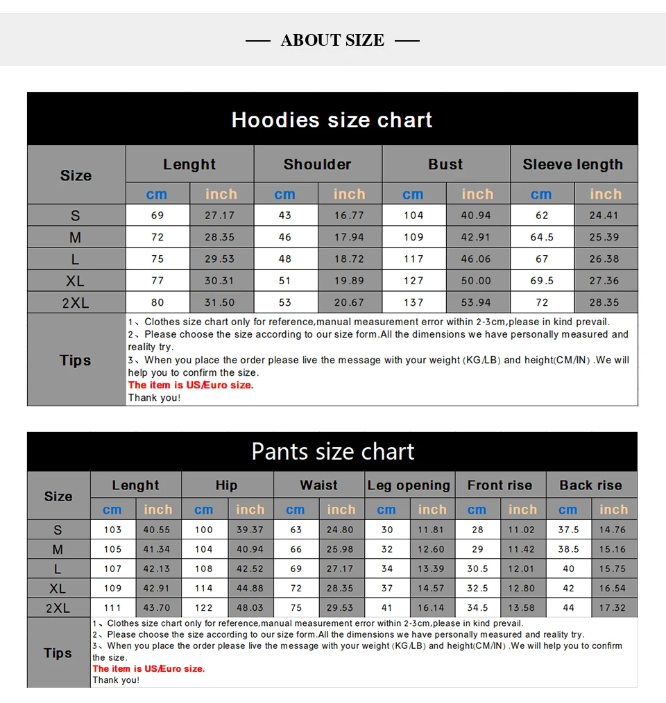 Polo Sweat Suit Size Chart