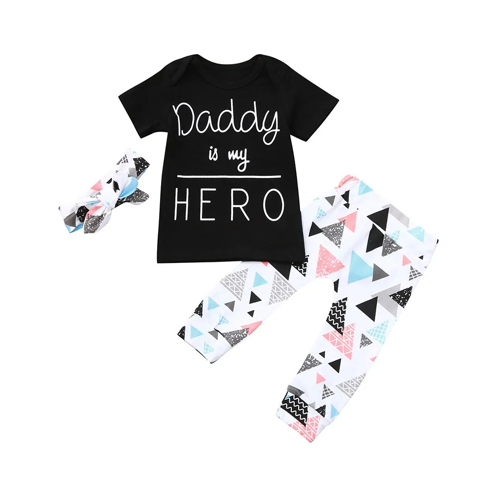Комплекты одежды для девочек футболка с надписью Dady is my hero + штаны геометрическим