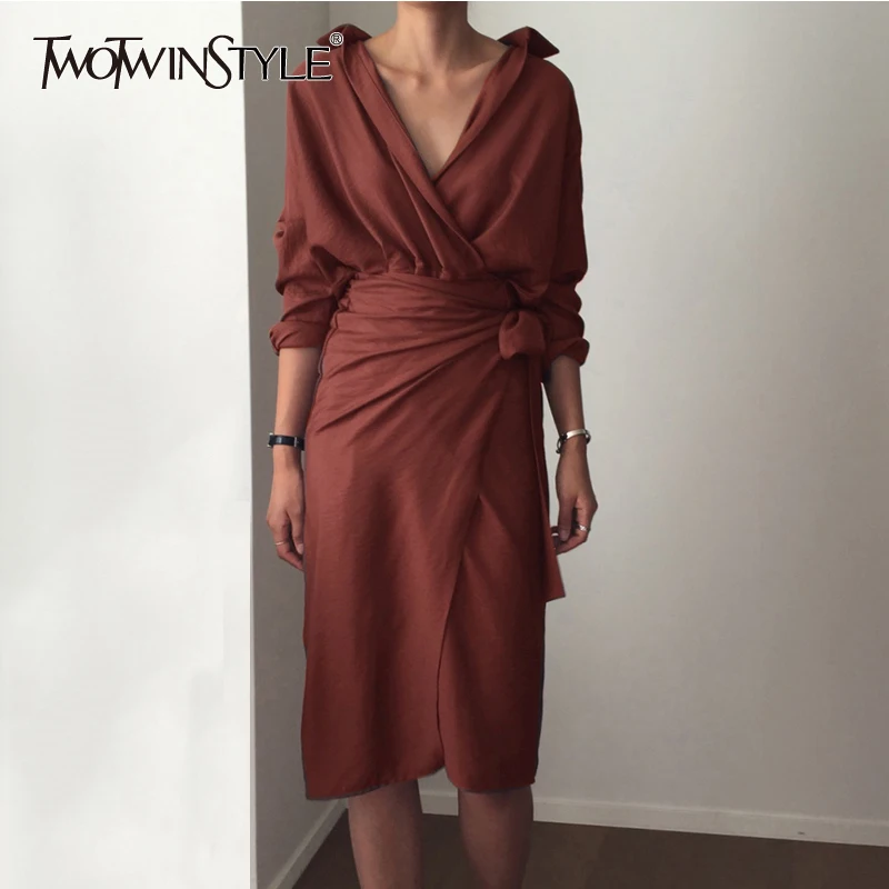 TWOTWINSTYLE Belt Dress Female V Neck High Waist Patchwork Split Midi Dresses For Women Spring Fashion Korean Clothing 2019
TWOTWINSTYLE Belt Dress Female V Neck High Waist Patchwork Split Midi Dresses For Women Spring Fashion Korean Clothing 2019