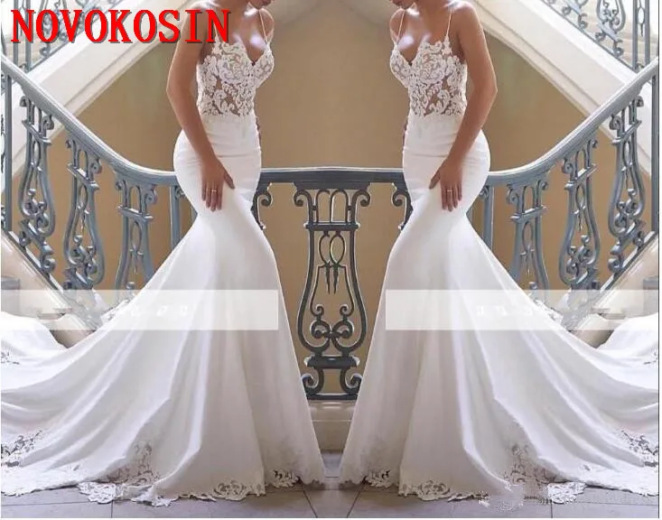 Custom Made Sexy Mermaid Wedding Dress Spaghetti Straps Lace Appliqued Tulle Long Train 2019 Satin Bridal Gown vestido de novia
Custom Made Sexy Mermaid Wedding Dress Spaghetti Straps Lace Appliqued Tulle Long Train 2019 Satin Bridal Gown vestido de novia
