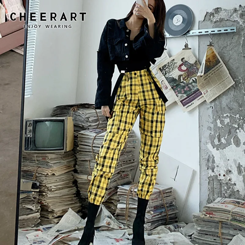 Cheerart Suspender Pants Women Yellow Plaid Trousers High Waist Pants Streetwear Pencil Overalls Pants Street Fashions
Cheerart Suspender Pants Women Yellow Plaid Trousers High Waist Pants Streetwear Pencil Overalls Pants Street Fashions