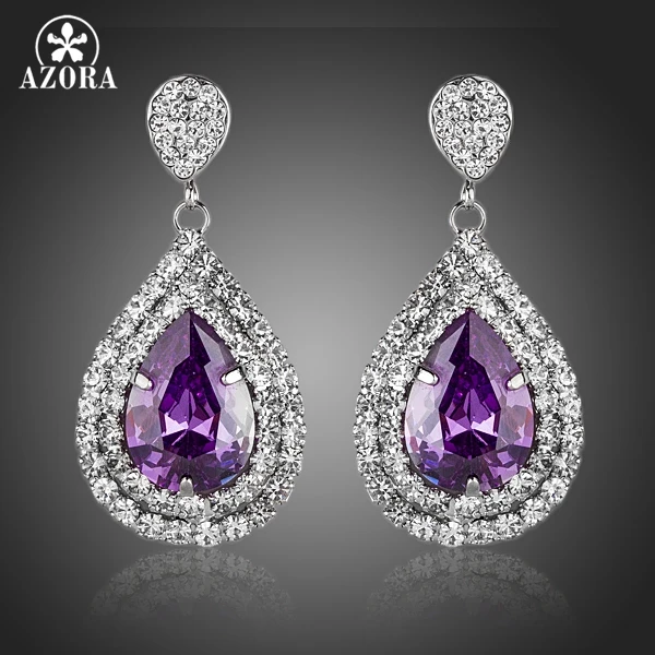 Серьги подвески AZORA TE0101 с фиолетовым фианитом ограненные грушей|earring feather|earring
