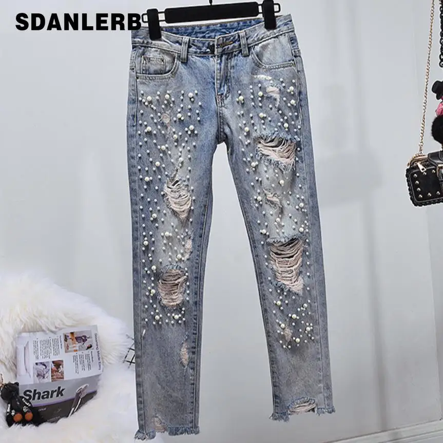 Skinny Ripped Jeans Women Distressed Hole Beads Pearl Women Jeans with Pearls Denim Pencil Pants Plus Size
Skinny Ripped Jeans Women Distressed Hole Beads Pearl Women Jeans with Pearls Denim Pencil Pants Plus Size