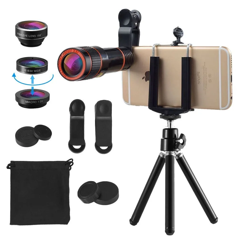 

New 6in1 Phone Camera lenses Kit 12X Telephoto Zoom Lens For iPhone Smartphones Tripod Clip 3in1 Wide Angle Macro Fisheye lentes