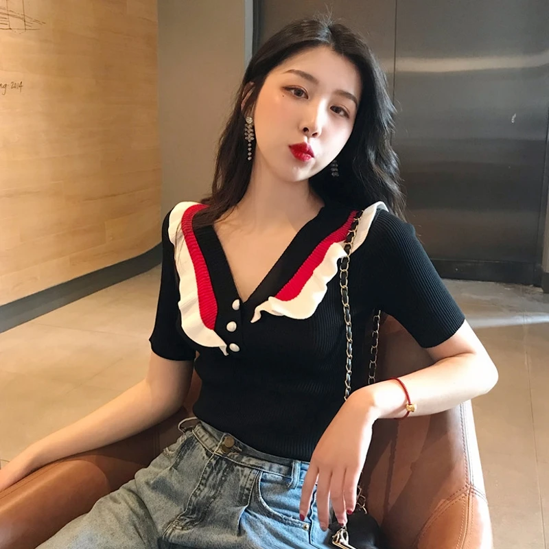 Spring summer 2019 New Thin Sweater female Ruffles V-Neck sweater tops short sleeves pullovers G618
Spring summer 2019 New Thin Sweater female Ruffles V-Neck sweater tops short sleeves pullovers G618