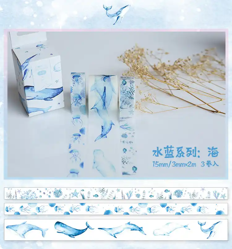 3 Pcs Pack Blue Ocean Whale Bullet Journal Washi Tape Set Adhesive
