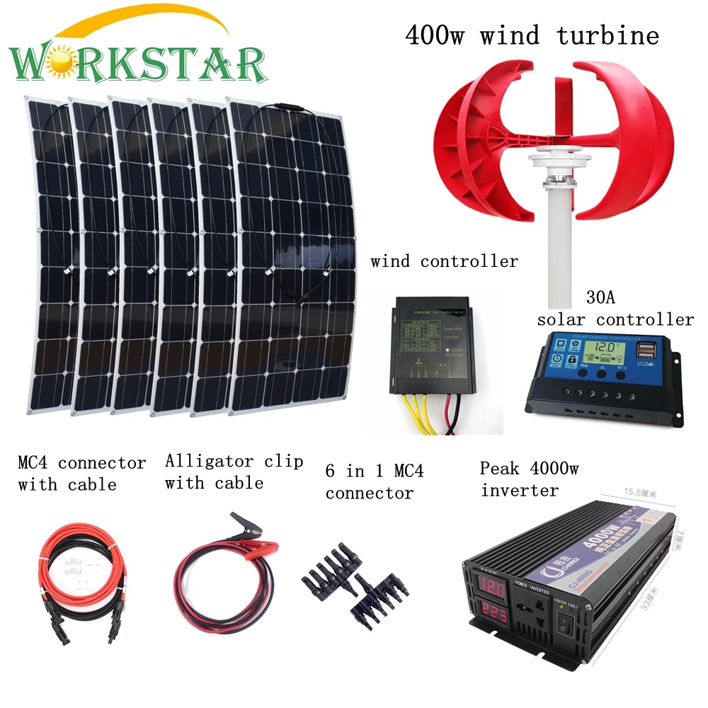 6pcs 100W Flexible Solar Modules+400W Vertical Wind Generator with 4000W Inverter and Controllers 1000W Wind Solar Power System
6pcs 100W Flexible Solar Modules+400W Vertical Wind Generator with 4000W Inverter and Controllers 1000W Wind Solar Power System