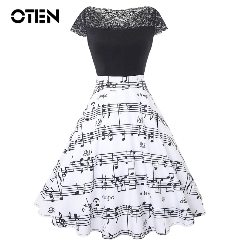 OTEN Vintage dresses 2019 summer Musical note printing lace Patchwork Elegant Slash Neck retro Knee-Length A-line Swing Dresses
OTEN Vintage dresses 2019 summer Musical note printing lace Patchwork Elegant Slash Neck retro Knee-Length A-line Swing Dresses