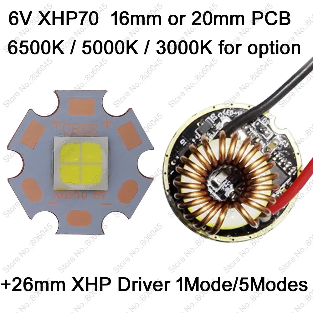 Cree XHP70 6V 6500K Cool White, 4500K Neutral White, 3000K Warm White High Power LED Emitter + 26mm 1 Mode or 5 Modes Driver
Cree XHP70 6V 6500K Cool White, 4500K Neutral White, 3000K Warm White High Power LED Emitter + 26mm 1 Mode or 5 Modes Driver