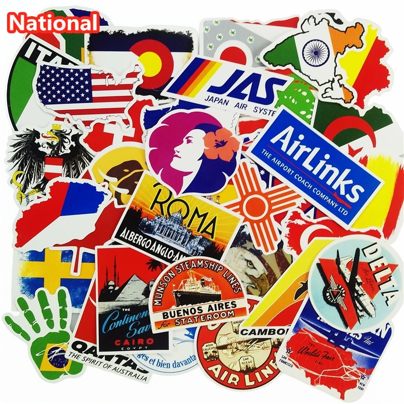 Image 50Pcs National Flags   Map Airline Logo Travel Luggage Stickers Mix Funny Cartoon Skateboard Waterproof Decal Laptop DIY Sticker