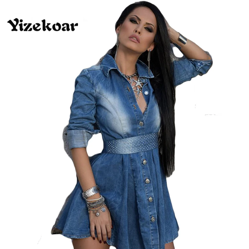 Image Yizekoar  2017 Autumn Women Sexy Fashion Casual Full Sleeves A Line Jeans Bodycon Mini Denim Dress With Belt OS5056