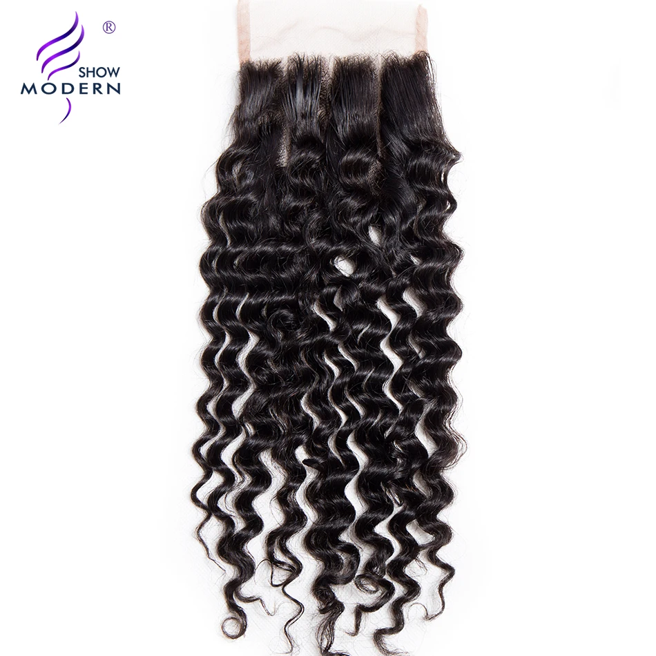 

Modern Show Remy Hair 1Pcs 4"x4" Curly Lace Closure Three Part 130% Density Human Hair Weave Natural Black Color Free Shipping