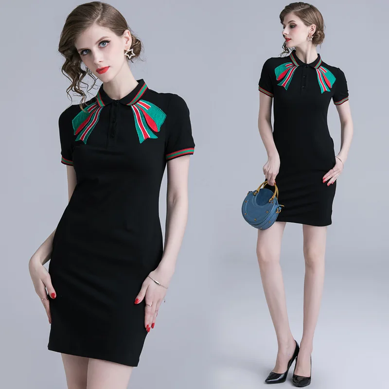 2019 Summer Luxury Designer Women Embroidery Bow Polo Lead Short Bodycon Dress Fashion Black Lapel Collar Short Party Dresses
2019 Summer Luxury Designer Women Embroidery Bow Polo Lead Short Bodycon Dress Fashion Black Lapel Collar Short Party Dresses