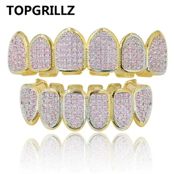 TOPGRILLZ New Fit Gold Color Pink Micro Pave Cubic Zircon Top&Bottom Teeth Grillz HipHop Golden Grills For Christmas Gift
TOPGRILLZ New Fit Gold Color Pink Micro Pave Cubic Zircon Top&Bottom Teeth Grillz HipHop Golden Grills For Christmas Gift