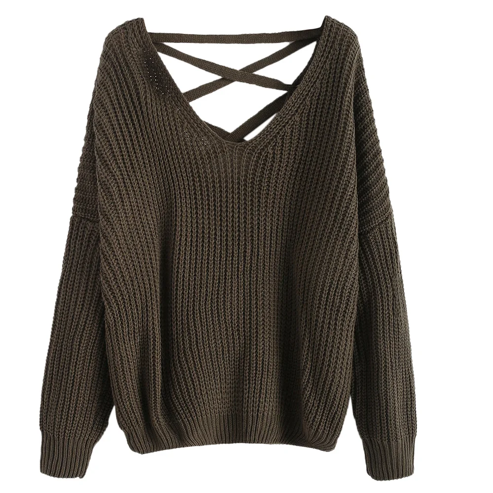 

ZAFUL Women Jumper Casual Sweater Drop Shoulder V Neck Chunky SweaterLoose Lace Up Pullover Micro Elastic Solid Tied Top