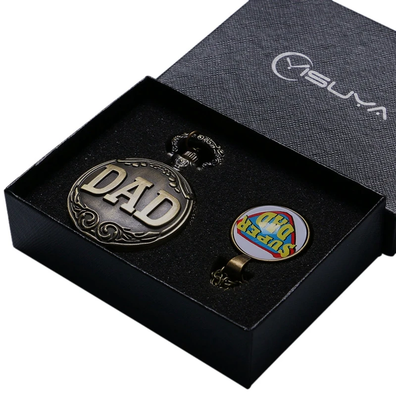 Pocket Watch Gifts Set Bronze DAD Quartz Watch Super Dad Necklace Chain Clock Christmas Birthday Mens Watche Gift For Father
Pocket Watch Gifts Set Bronze DAD Quartz Watch Super Dad Necklace Chain Clock Christmas Birthday Mens Watche Gift For Father