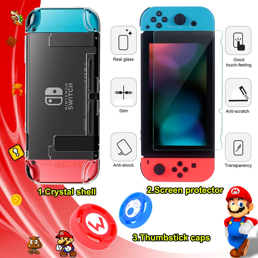 Nintendoswitch Crystal Shell Hard Protective Case+Tempered Glass Screen Protector+2 Thumb Caps Nintend Switch Game Accessories |
