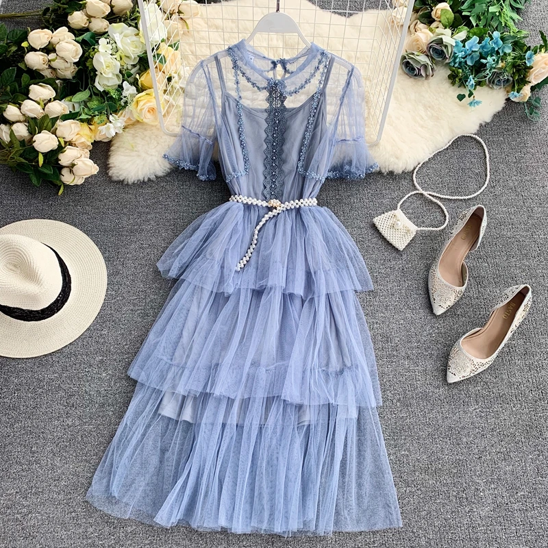 HISUMA 2019 summer new women's beading lace mesh fairy dress doll collar short sleeve layer upon layer ruffles gauze puff dress
HISUMA 2019 summer new women's beading lace mesh fairy dress doll collar short sleeve layer upon layer ruffles gauze puff dress