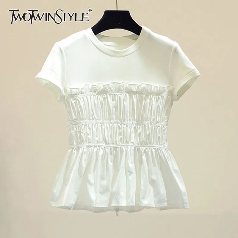 TWOTWINSTYLE Chiffon Patchwork T-shirt For Women O Neck Ruffles Ruched Loose T-shirts Female Elegant Fashion Summer 2019 New
TWOTWINSTYLE Chiffon Patchwork T-shirt For Women O Neck Ruffles Ruched Loose T-shirts Female Elegant Fashion Summer 2019 New