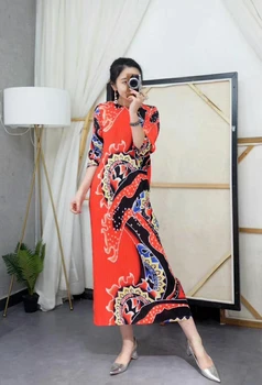 FREE SHIPPING Miyake fashion fold chinese style print o-neck three quarter straight long dress IN STOCK 
FREE SHIPPING Miyake fashion fold chinese style print o-neck three quarter straight long dress IN STOCK